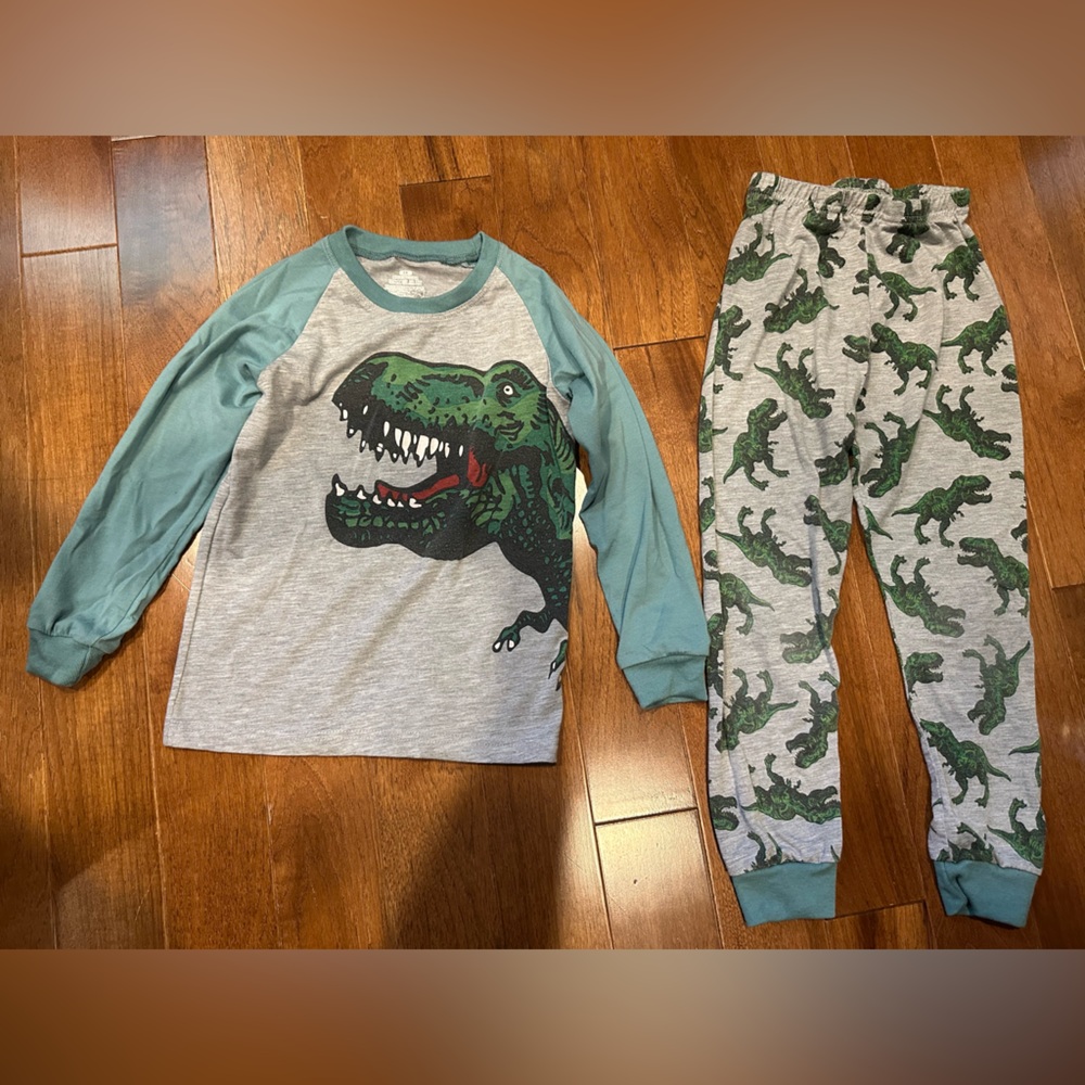 Dinosaur Print Kids Pajama Set - Green and Gray